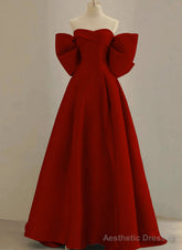 Wine Red Satin Sweetheart Long A-Line Prom Dress, Wine Red Evening Dress
